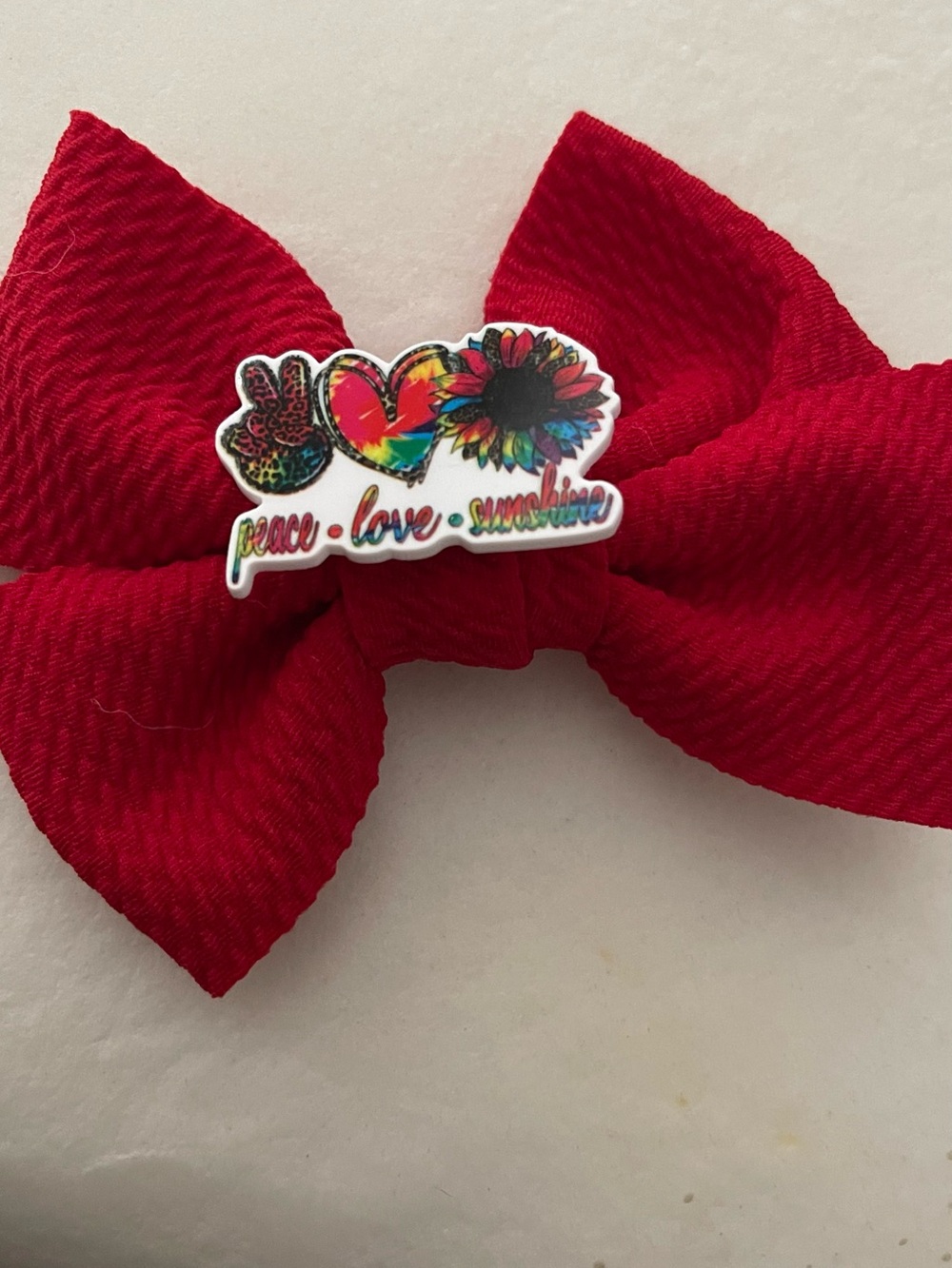 Red Peace Love Sunshine Hair Bow Clip